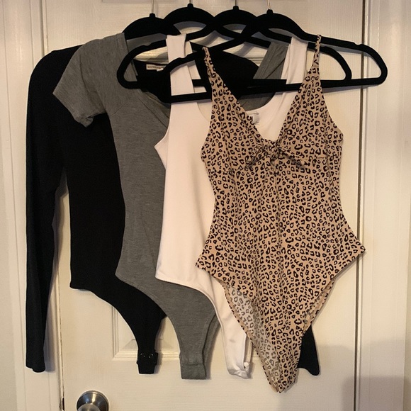 Tops - 4 Bodysuits, 1 Black Size S, 1 Gray Size M, 1 White Size M, 1 Animal Print Size